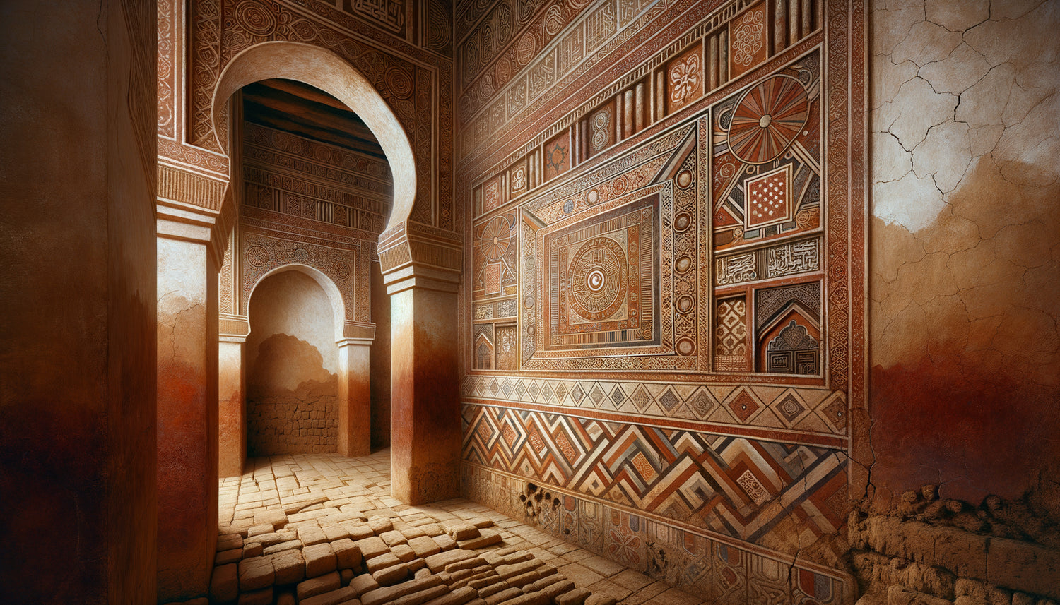 Peinture murale ancienne sur mur en banco de Tombouctou, pigments minéraux sahariens, style islamique sahélien 15e-16e siècle