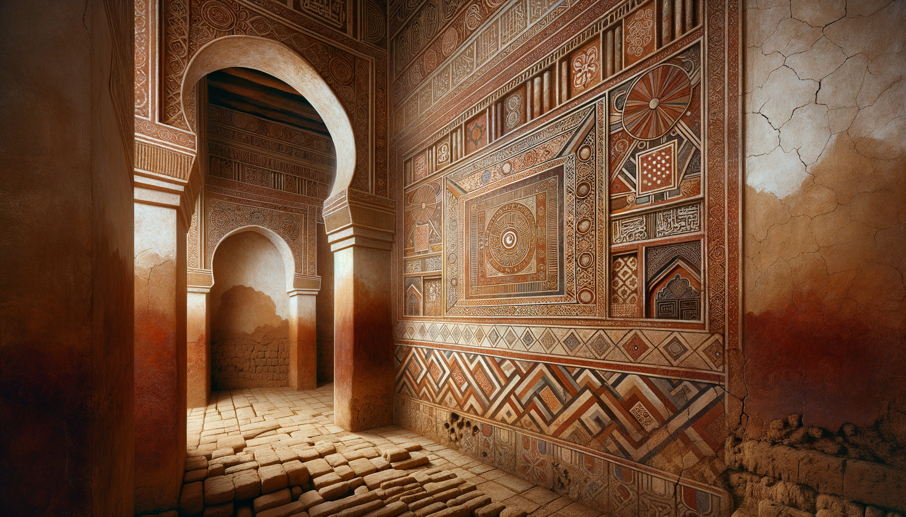 Peinture murale ancienne sur mur en banco de Tombouctou, pigments minéraux sahariens, style islamique sahélien 15e-16e siècle