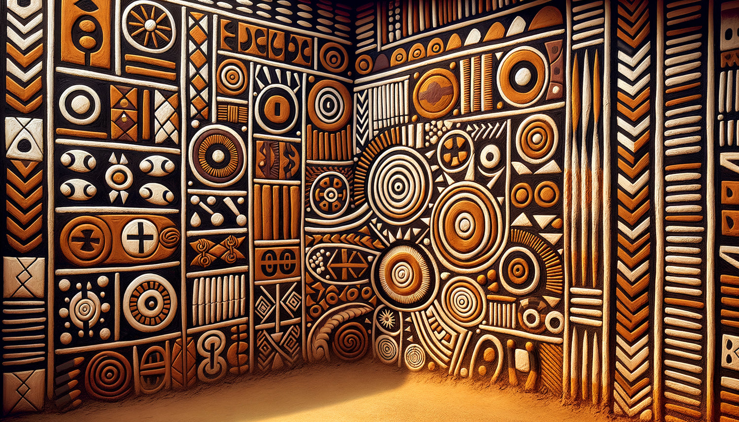 Peinture murale traditionnelle Ashanti avec symboles adinkra géométriques sur mur en terre, pigments naturels, Ghana
