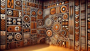 Peinture murale traditionnelle Ashanti avec symboles adinkra géométriques sur mur en terre, pigments naturels, Ghana