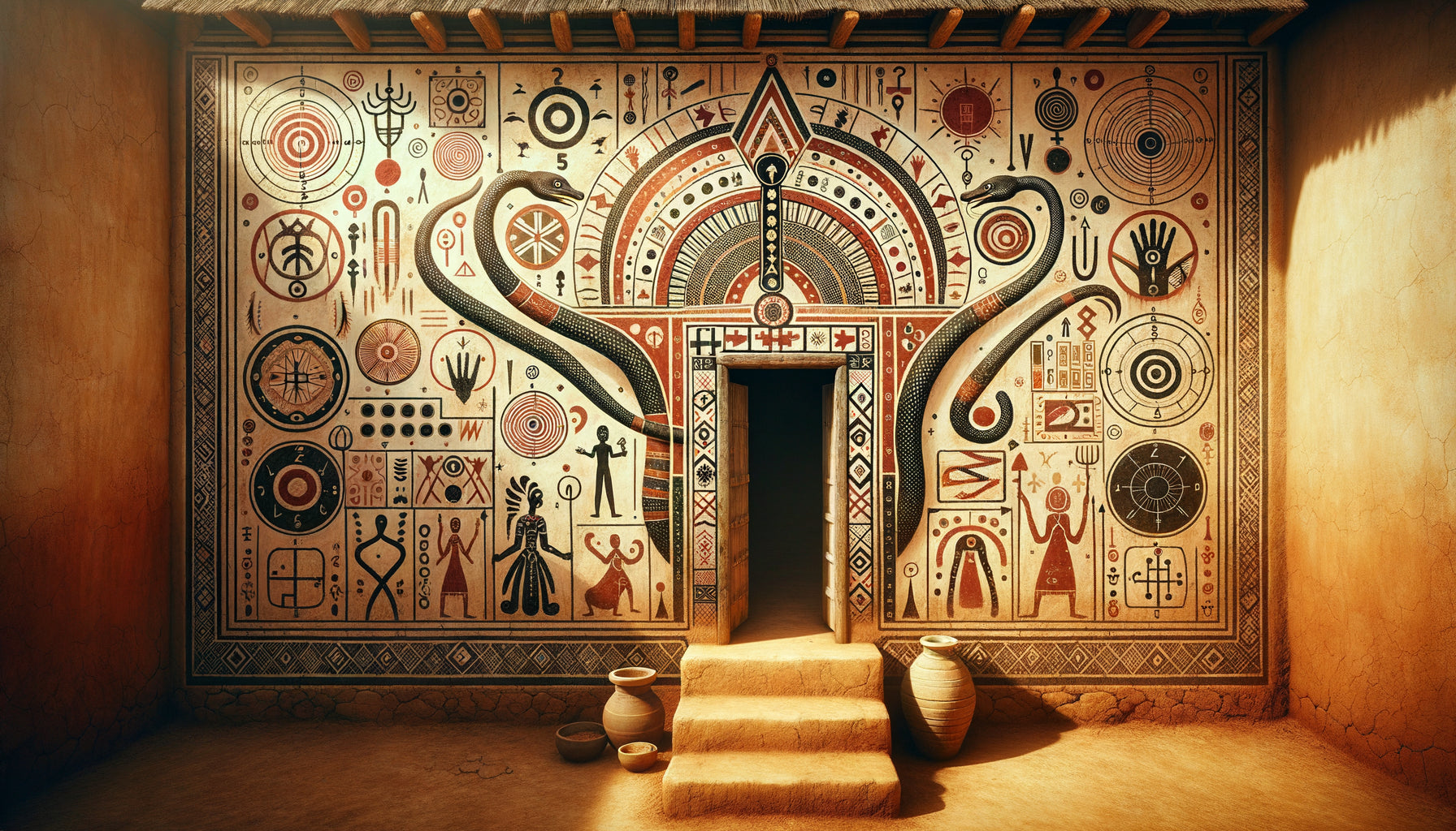 Peinture murale vodoun traditionnelle sur mur de maison béninoise avec symboles protecteurs, divinités stylisées et motifs sacrés en pigments naturels