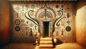 Peinture murale vodoun traditionnelle sur mur de maison béninoise avec symboles protecteurs, divinités stylisées et motifs sacrés en pigments naturels