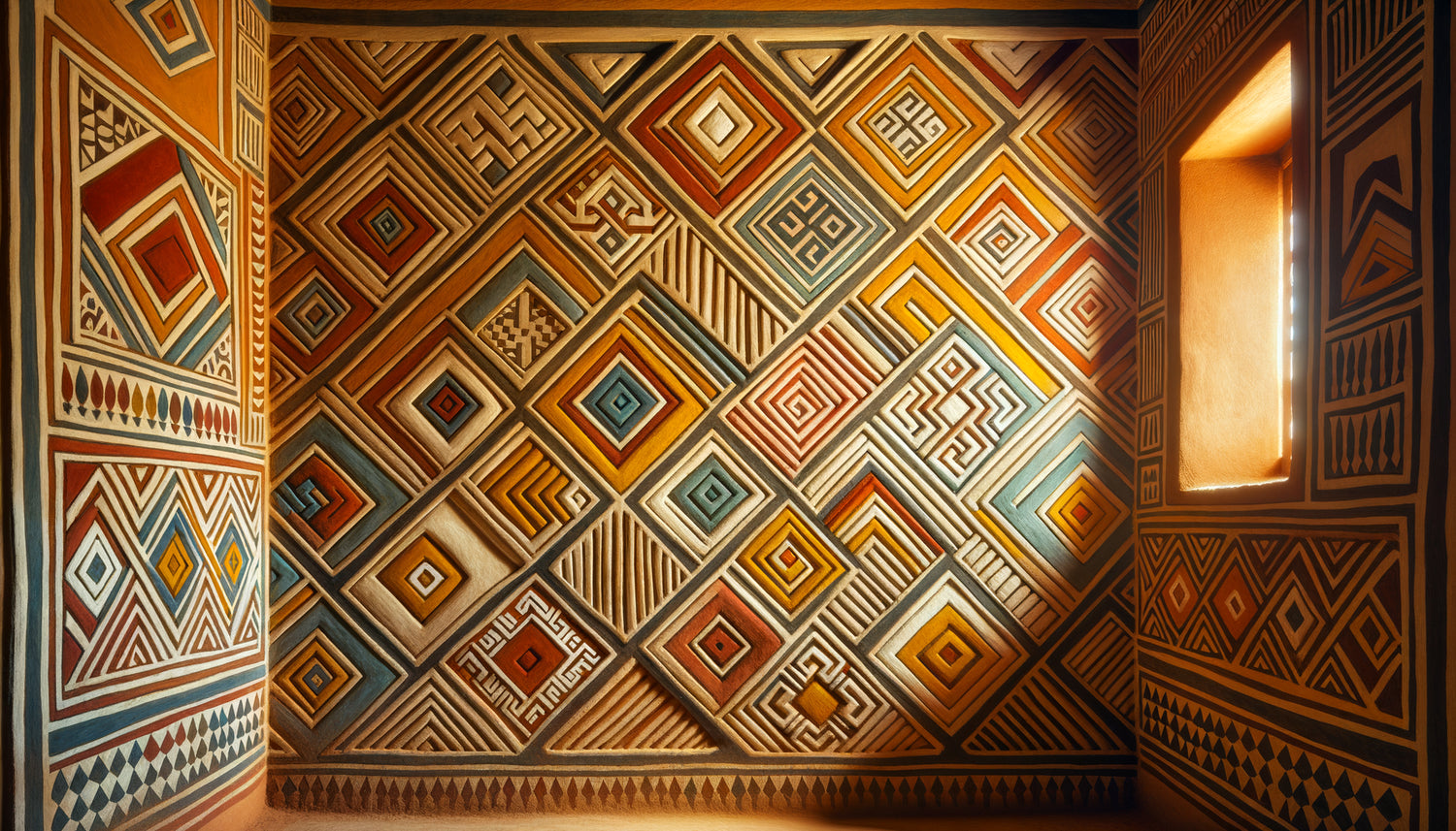 Peintures murales géométriques amazighes chleuh aux motifs traditionnels dans une zaouïa de Tiznit au Maroc