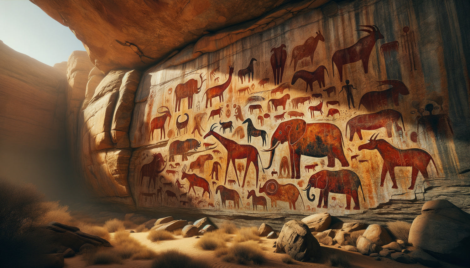 Peintures rupestres néolithiques du massif de l'Aïr montrant éléphants, girafes, rhinocéros et hippopotames sur paroi rocheuse ocre