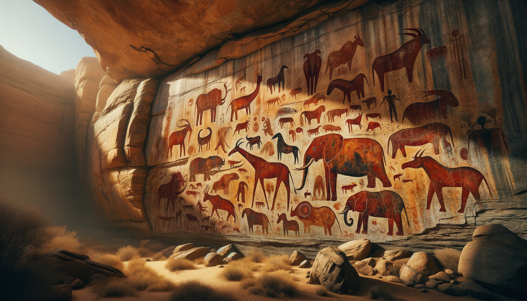 Peintures rupestres néolithiques du massif de l'Aïr montrant éléphants, girafes, rhinocéros et hippopotames sur paroi rocheuse ocre