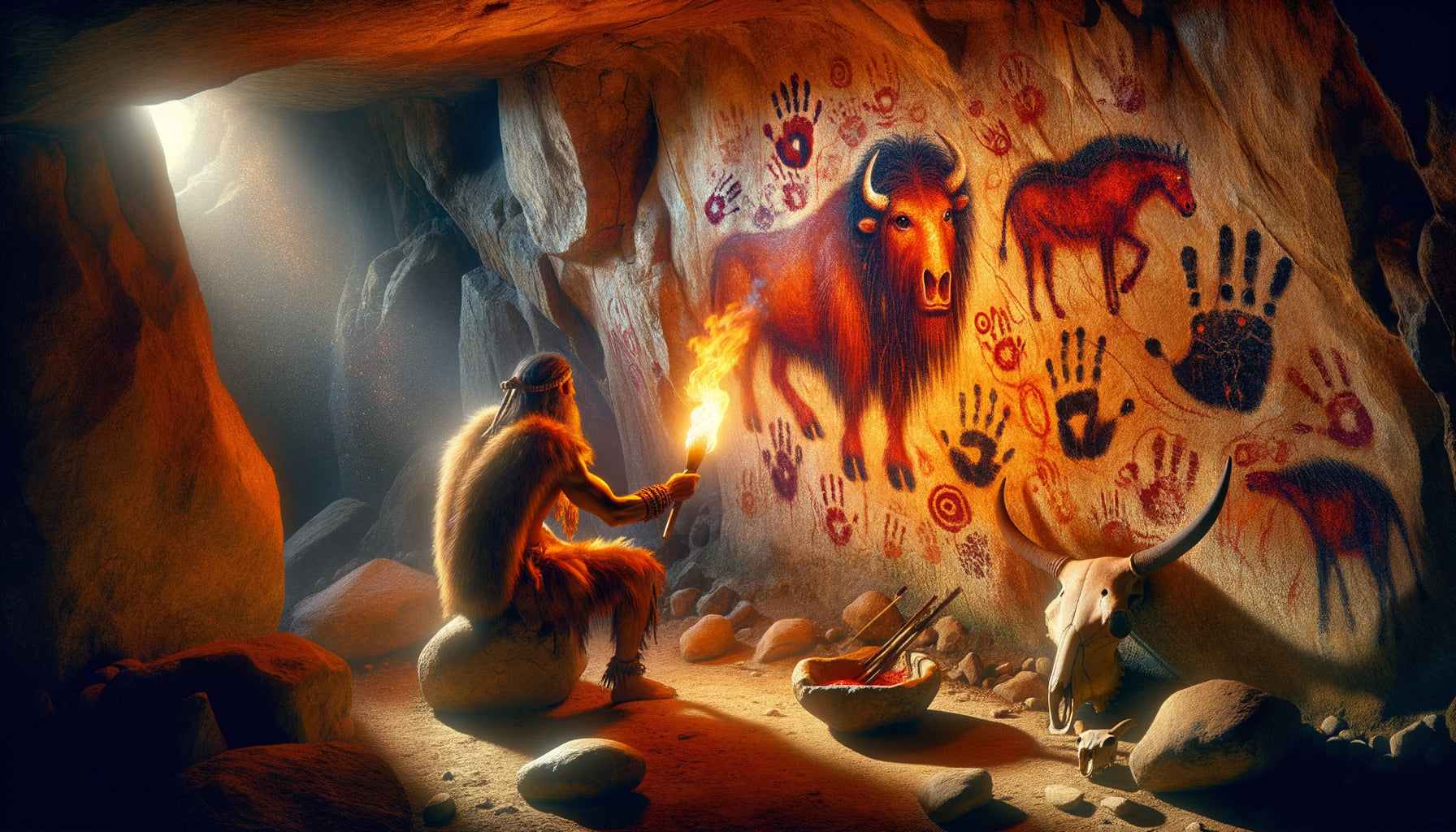 Chaman préhistorique peignant bisons et chevaux sur paroi de grotte paléolithique à la lumière d'une torche, rituel thérapeutique ancestral