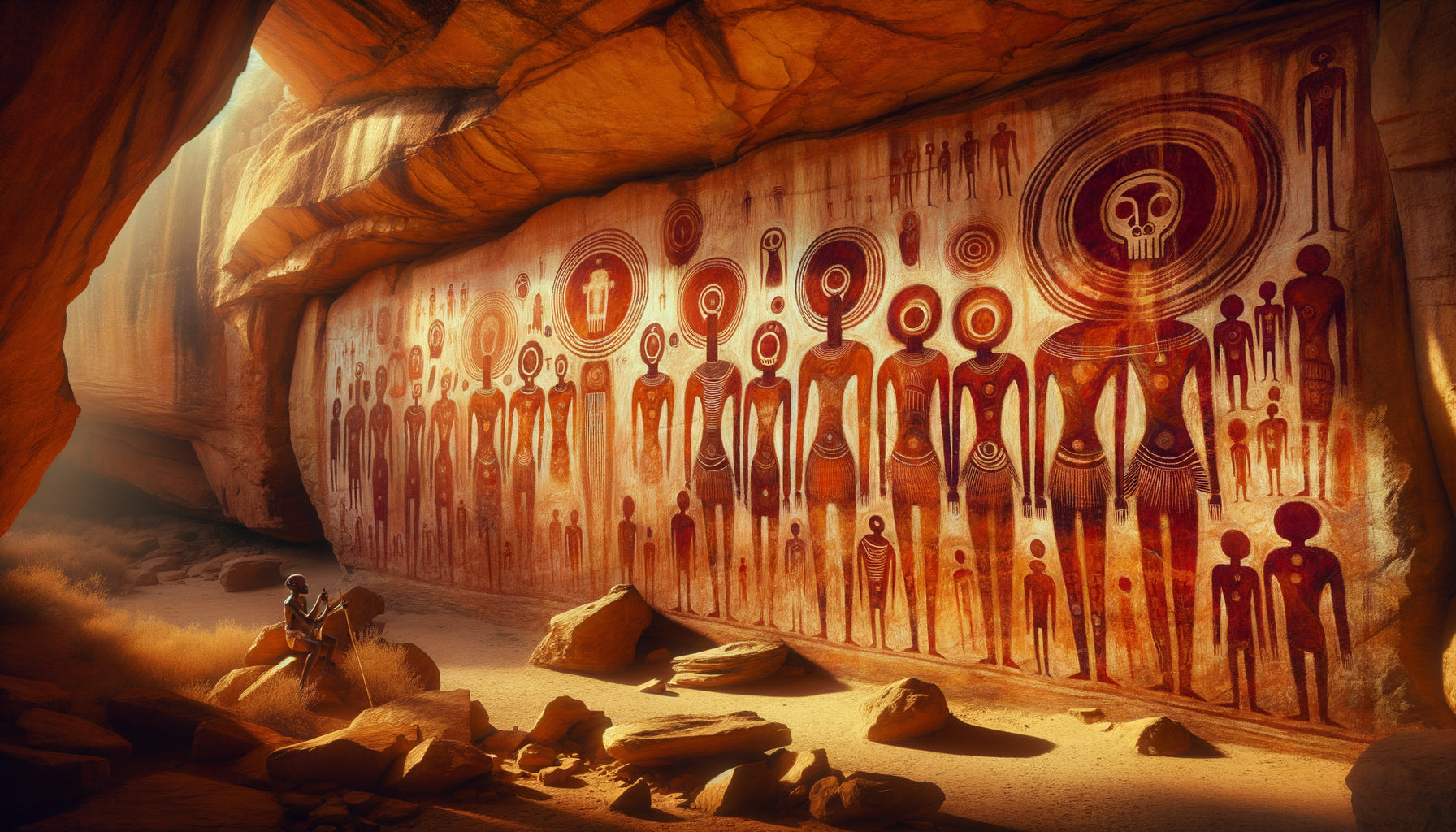 Peinture rupestre préhistorique du massif de l'Ennedi montrant des figures humaines aux têtes parfaitement rondes, pigments ocre, art néolithique africain