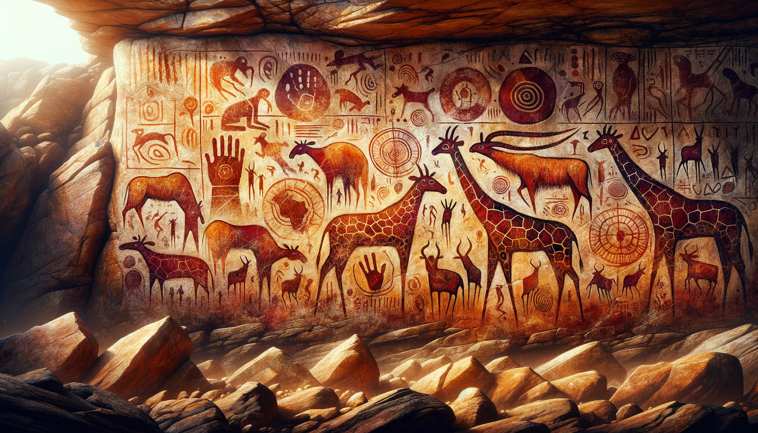 Peintures rupestres préhistoriques ocre rouge sur paroi rocheuse des grottes de Tsodilo, Botswana, art pariétal africain ancestral