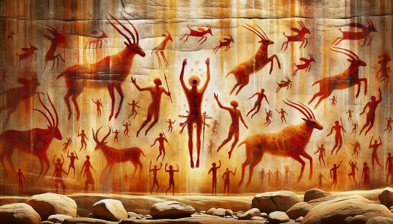 Peinture rupestre saharienne néolithique montrant figures humaines et animales flottant dans espace indéfini, style chamanique ocre sur pierre