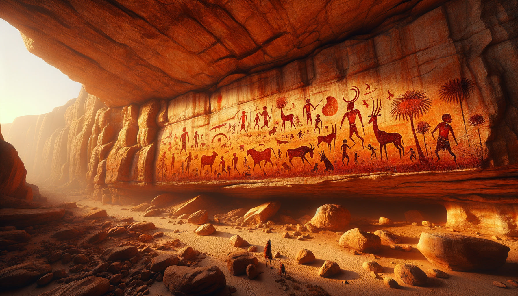 Peinture rupestre préhistorique du Tassili n'Ajjer, figures humaines et animaux en ocre rouge sur paroi rocheuse saharienne