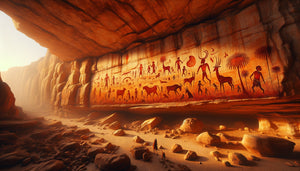 Peinture rupestre préhistorique du Tassili n'Ajjer, figures humaines et animaux en ocre rouge sur paroi rocheuse saharienne