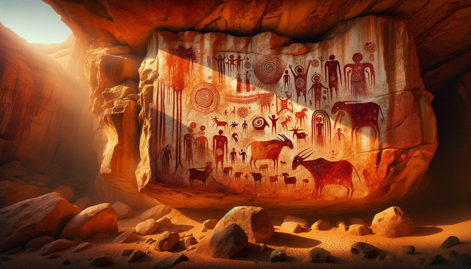 Peinture rupestre néolithique du Tassili n'Ajjer, figures humaines stylisées et scènes pastorales, pigments ocre sur roche, 8000 ans