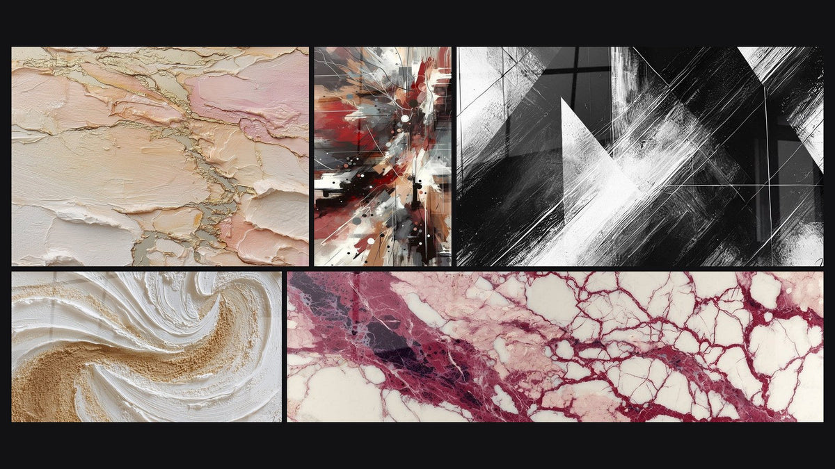Mosaico de cinco cuadros, entre ellos Abstracto texturizado beige rosa dorado y Ruido Dinámico Explosivo