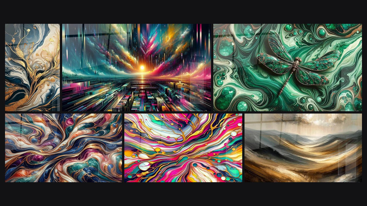Mosaïque de six tableaux, dont Arbres d'Or Fluides, Cosmos Enchanté et Cascades Chromatiques