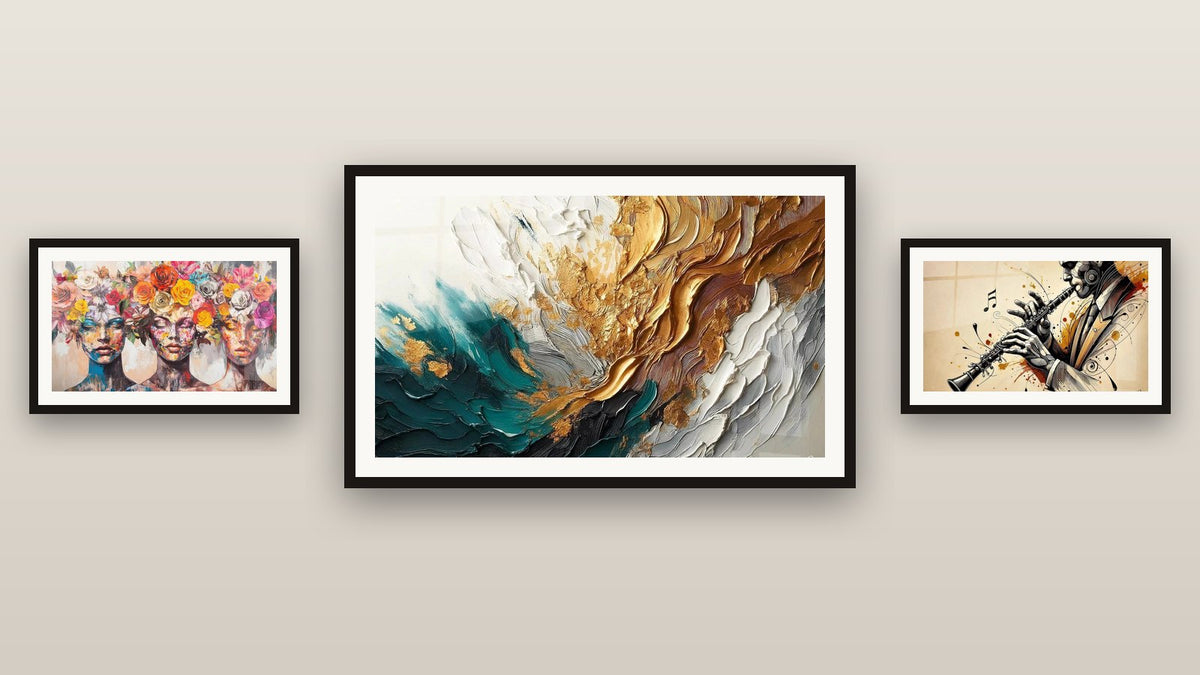 Gallery wall with three framed paintings, including Trace Artwork in Gold and Jade and The Blooming Muses