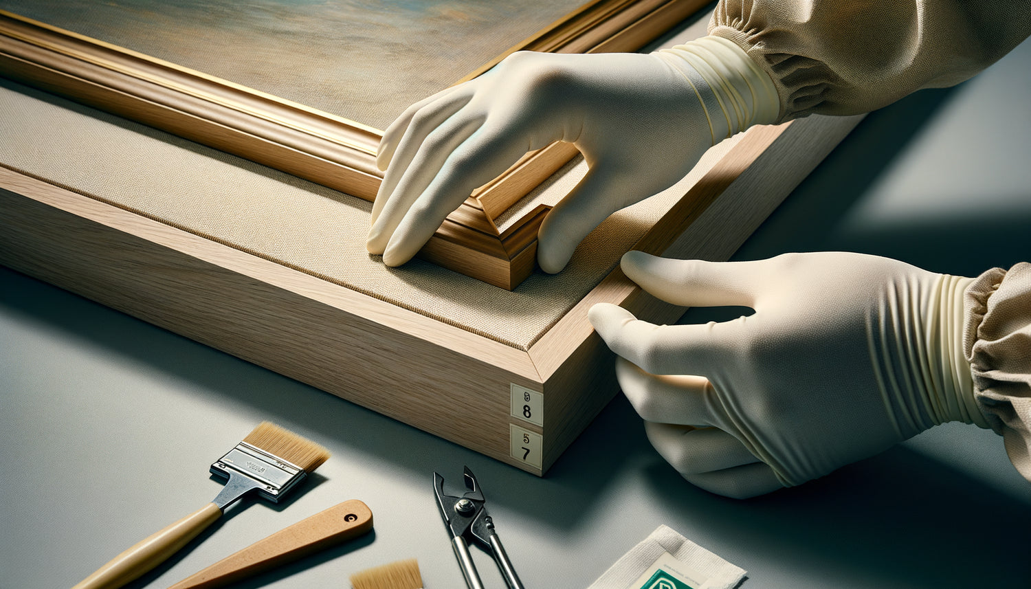 Mains gantées personnalisant discrètement l'arrière d'un tableau encadré avec des matériaux de conservation réversibles