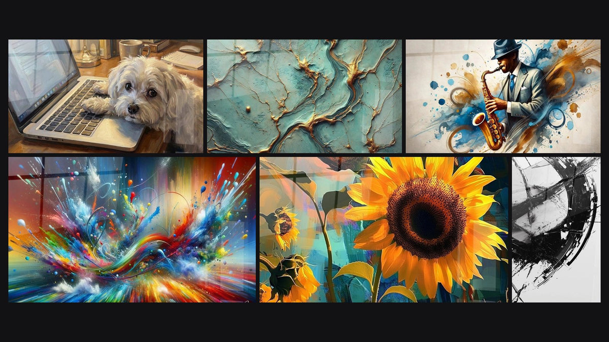 Mosaic of six paintings, including Maltese Bichon Working on Laptop, Big Bang Artistic Dazzling and Sunflower Wall Art No. 1
