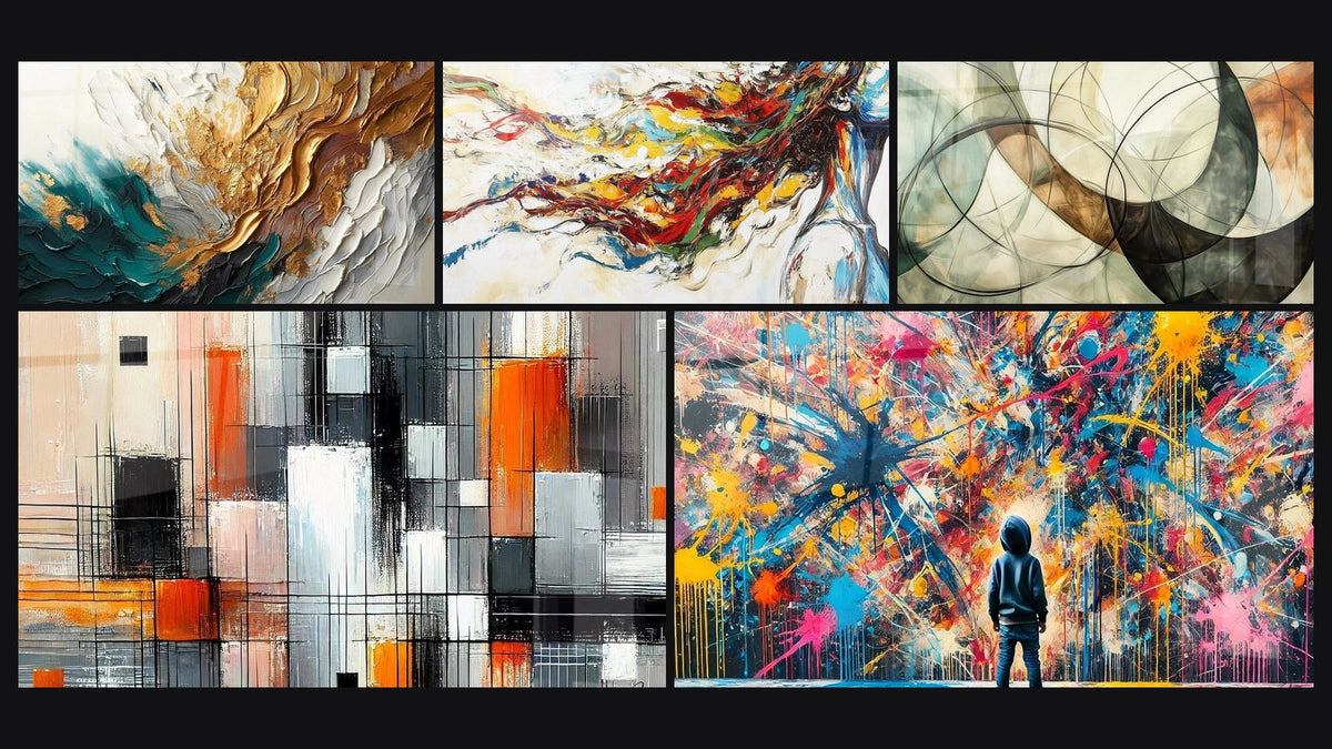 Mosaico di cinque quadri, tra cui Traccia in Oro e Giada, Meccanica dei Colori e Muse Moderna