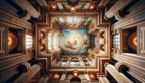 Plafond monumental de palace Belle Époque avec perspective atmosphérique sophistiquée et fresques en trompe-l'œil créant une illusion de profondeur vertigineuse