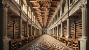 Intérieur de bibliothèque Renaissance italienne illustrant la perspective linéaire de Brunelleschi avec colonnes symétriques et point de fuite central