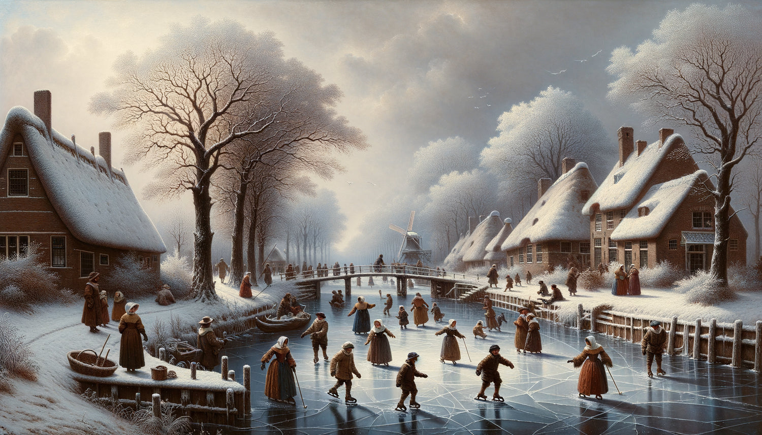 Paysage hivernal hollandais du XVIIe siècle, canal gelé avec patineurs, style des maîtres flamands du Petit Âge glaciaire