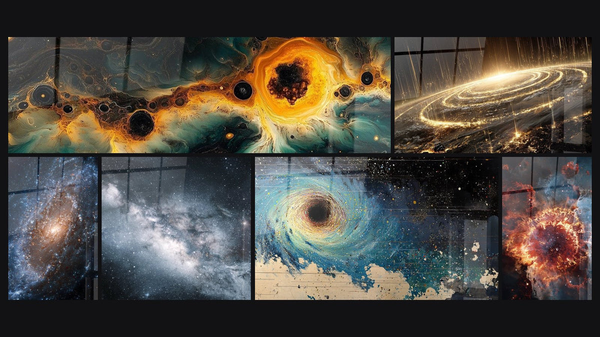 Mosaïque de six tableaux, dont Éruption Stellaire Dorée, Galaxie Spirale et Voie Lactée
