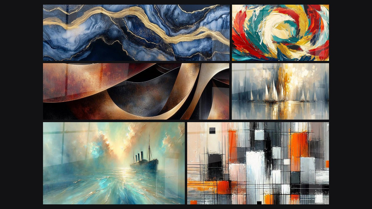 Mosaik aus sechs Gemälden, darunter Sinuositäten Meditation Ocker, Kosmische Metamorphose und Im Kern der Brise