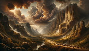 Paysage baroque monumental avec minuscules figures humaines créant un parcours narratif visuel, 17ème siècle