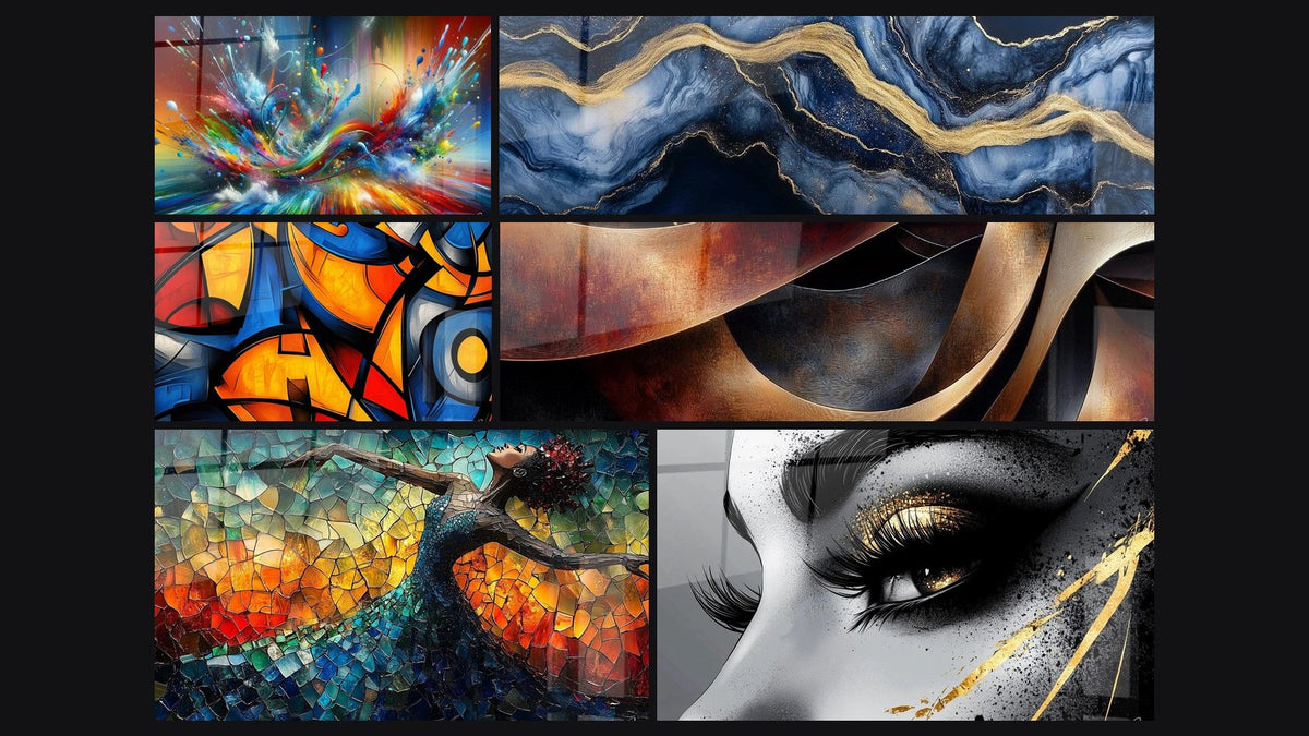 Mosaïque de six tableaux, dont Big Bang Artistique Éclatant, Formes géométriques colorées et Danse Feu Libératrice Rouge