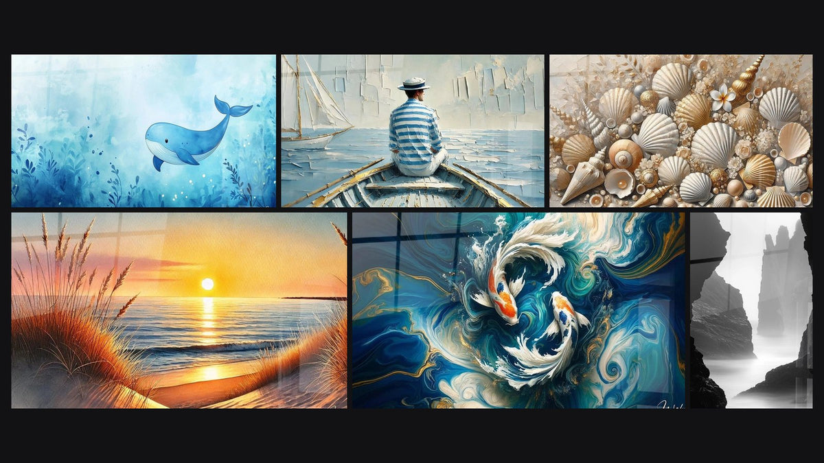 Mosaic of six paintings, including Children's wall art No. 9, The Art of Water and Jewels of the Sands