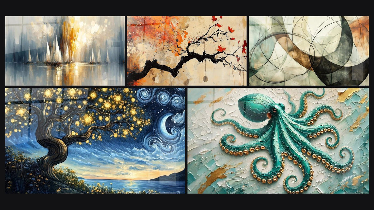 Mosaico de cinco cuadros, entre ellos Aurora sobre la Bahía, Terracota N°4 y Los Lazos Invisibles