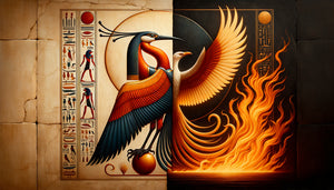 Comparaison visuelle entre le Bénou égyptien hiératique sur papyrus antique et le phénix grec flamboyant sur poterie hellénistique