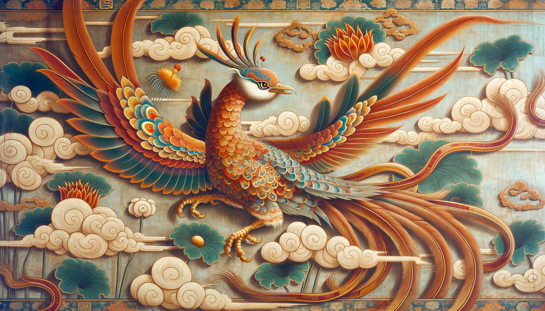 Fresque murale dynastie Tang représentant un phénix fenghuang aux couleurs impériales avec influences perses de la Route de la Soie