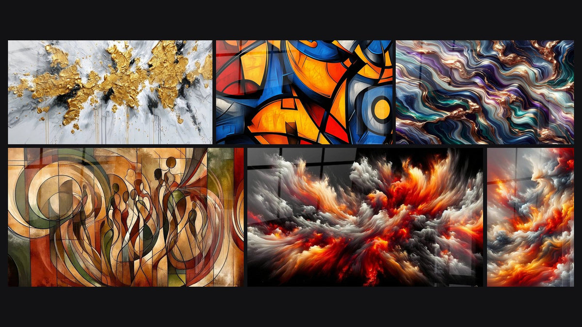 Mosaïque de six tableaux, dont Explosion dorée sur fond blanc et gris, Formes géométriques colorées et Danse des Silhouettes