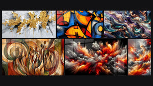 Mosaïque de six tableaux, dont Explosion dorée sur fond blanc et gris, Formes géométriques colorées et Danse des Silhouettes