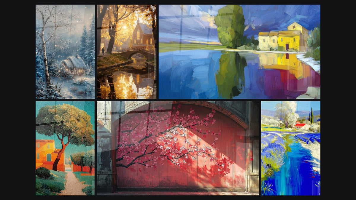 Mosaico di sei quadri, tra cui Chiesa Raggi Filtranti, Lac Dolcezza Cristallina e Paesaggio Mediterraneo Calore Provenzale