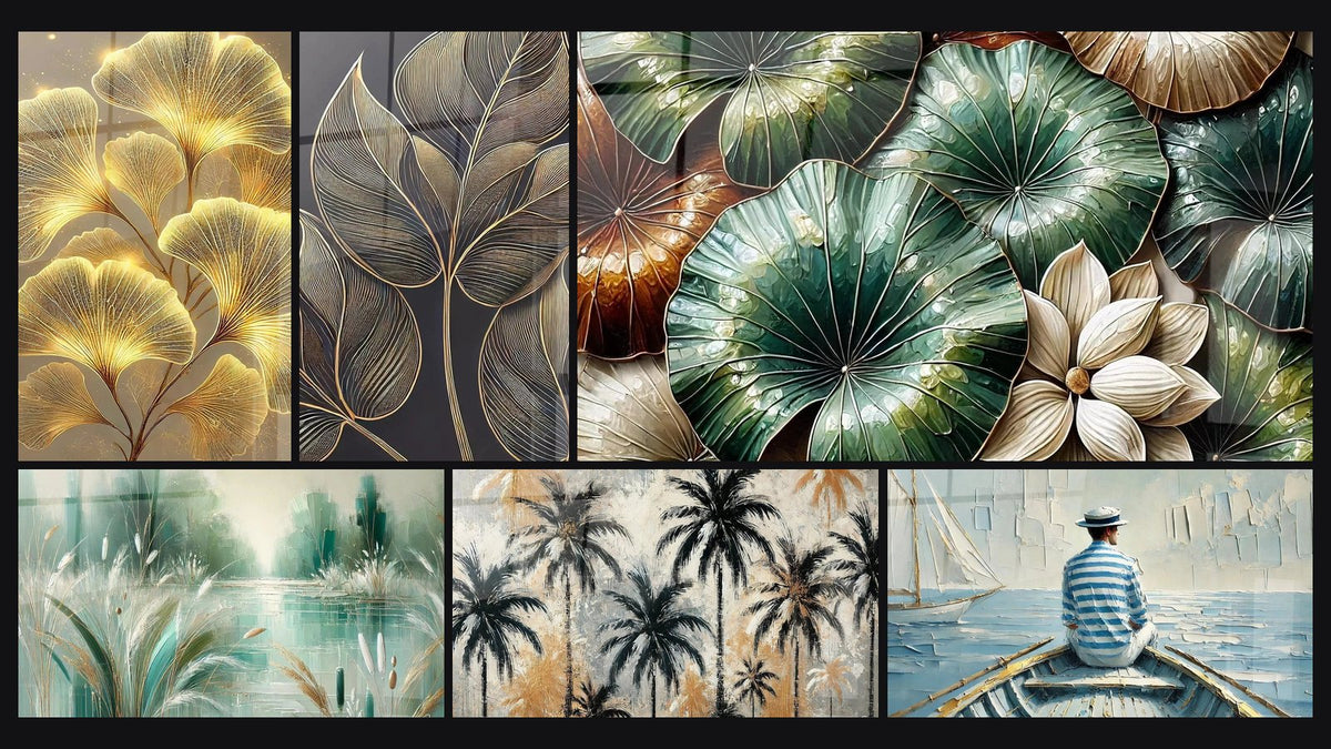 Mosaico de seis cuadros, entre ellos Brillo Natural, Decoración paisaje N°1 y Encaje Vegetal