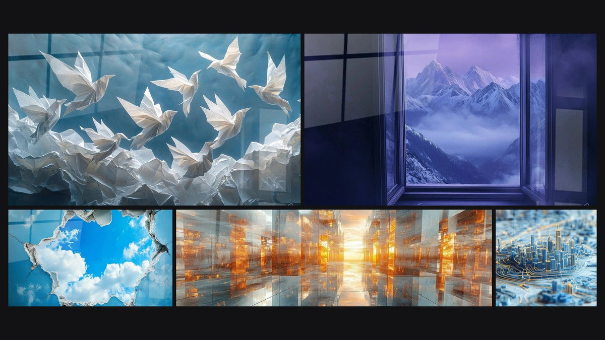 Mosaico di cinque quadri, tra cui Origami Danza di carta, Montagna Sogno d'Altitudine e Cielo Finestra celeste