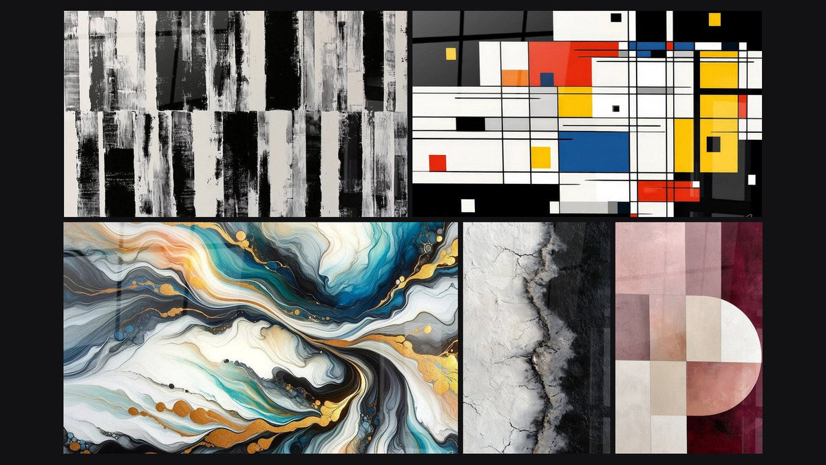 Mozaïek van vijf schilderijen, waaronder Gekleurde Stromen en Geometrisch gekleurde compositie