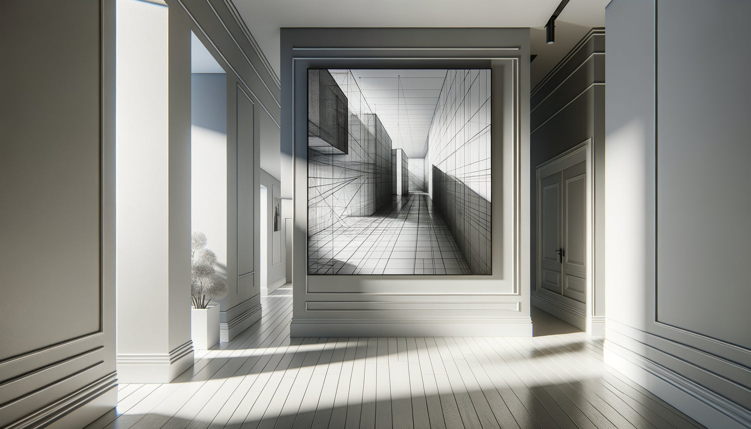 Couloir minimaliste contemporain avec photographie architecturale noir et blanc aux lignes géométriques épurées