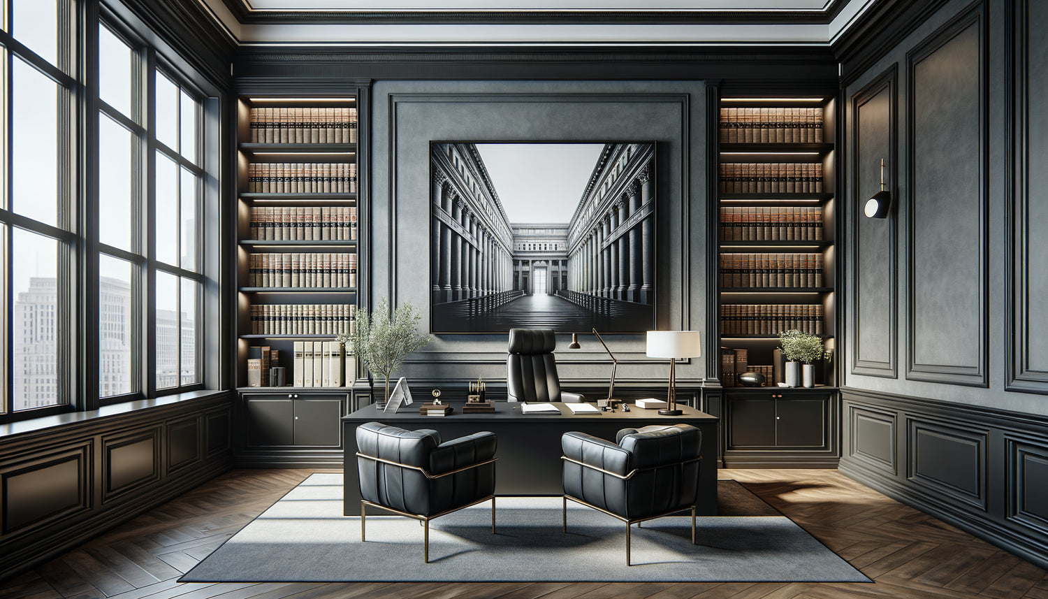 Cabinet juridique contemporain décoré d'une photographie d'art moderne encadrée, alternative aux peintures classiques traditionnelles