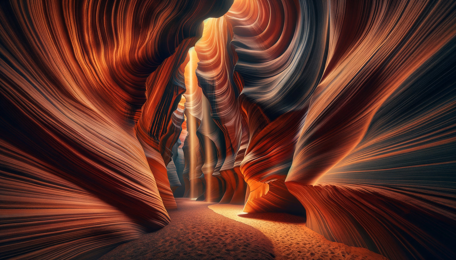 Photographie artistique de l'intérieur d'un canyon étroit aux parois stratifiées ocre et orange créant une profondeur immersive