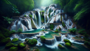 Photographie de cascade majestueuse avec effet de mouvement fluide soyeux, végétation luxuriante et atmosphère apaisante