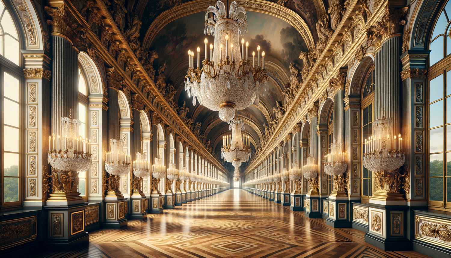 Perspective majestueuse d'un corridor baroque du Château de Versailles avec décors dorés, parquet géométrique et lumière naturelle