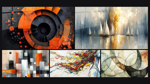 Mosaïque de cinq tableaux, dont Spirale dynamique orange, Mécanique des couleurs et Aurore sur la Baie