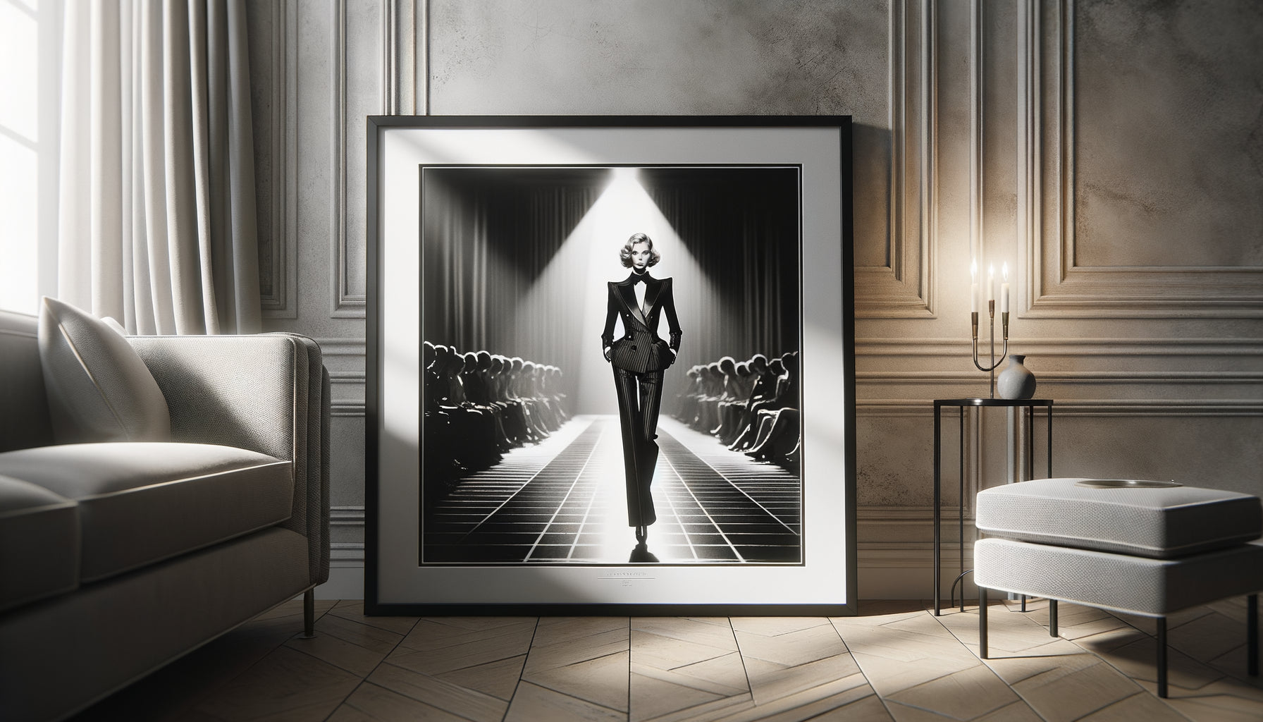 Photographie vintage de défilé Yves Saint Laurent encadrée avec élégance dans un cadre noir mat raffiné