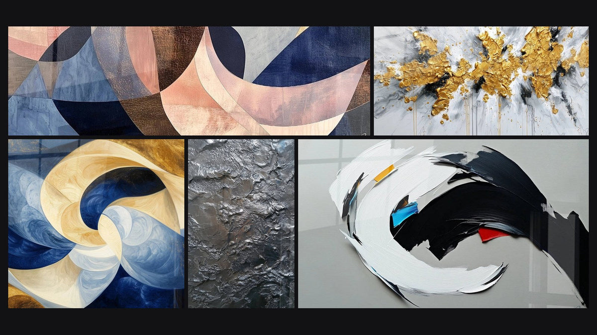 Mozaïek van vijf schilderijen, waaronder Gracieuze Bogen Terracotta, Goddelijke Adem Wit en Abstract dynamisch