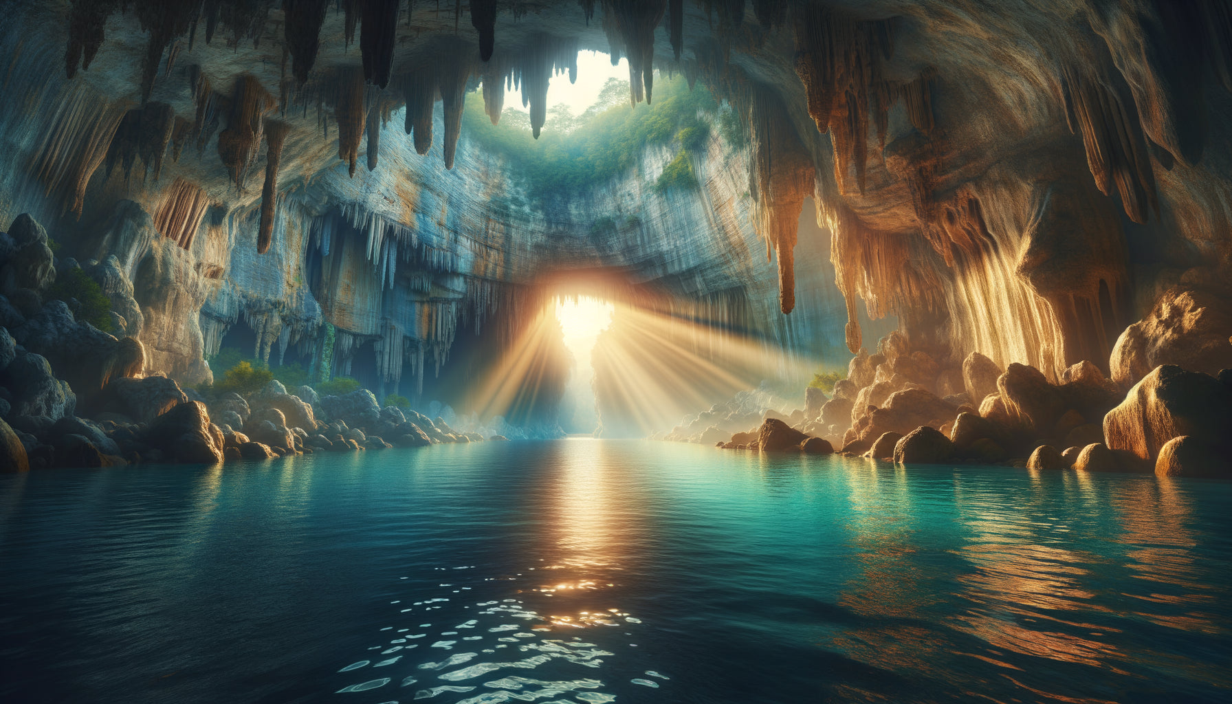 Photographie de grotte marine avec rayons de lumière naturelle traversant l'ouverture, eaux turquoise calmes et formations rocheuses millénaires