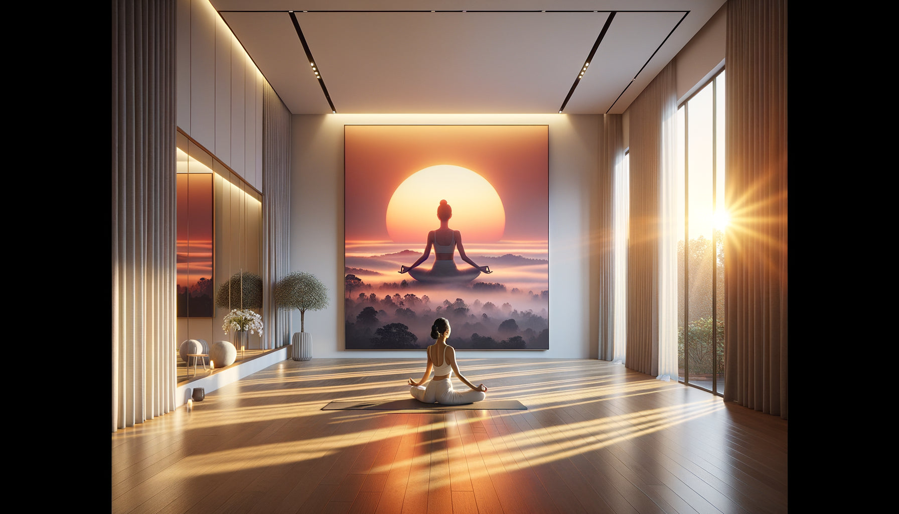Studio de yoga moderne avec photographie encadrée de lever de soleil créant une ambiance matinale chaleureuse et énergisante
