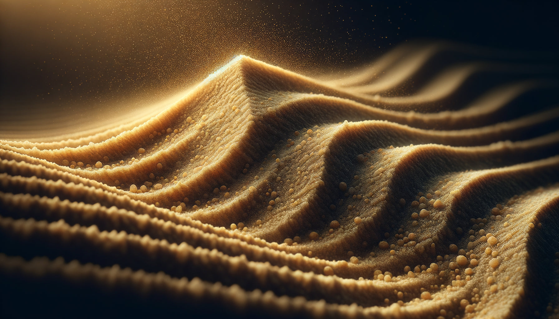 Photographie macro de texture de sable aux grains dorés, lumière rasante créant profondeur et relief naturel